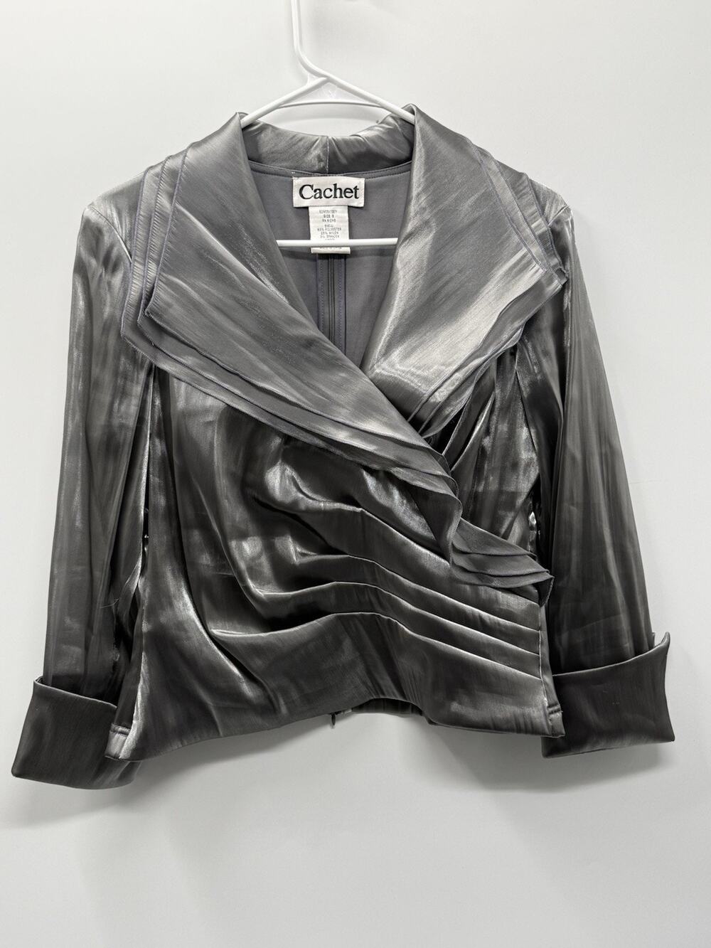 Cachet Silver Metallic Pleated Jacket Blazer Size 8 Dressy Evening Career